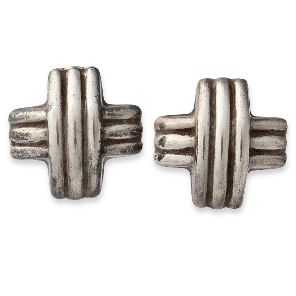 Vintage Taxco Sterling Silver Cross Clip On Earrings Large Statement Mexican